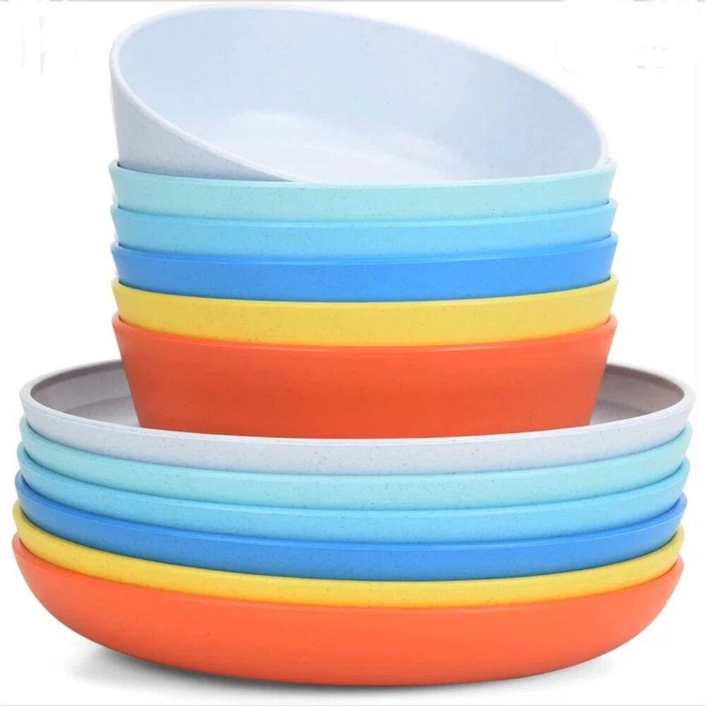 NEW 12pc Cereal BOWL & PLATE SET Indoor Outdoor Wheat Straw Microwave Dishwasher